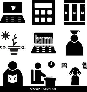 Set Of 9 simple editable icons such as Student, Exam, Teacher, Graduate, Computer, Photosynthesis, Lockers, Calculator, Laptop, can be used for mobile Stock Vector