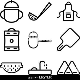 Set Of 9 simple editable icons such as Napkin, Tap, Strainer, Kitchen board, Pot, Coffee pot, Apron, Skimmer, Bowl, can be used for mobile, web Stock Vector