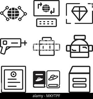 Set Of 9 simple editable icons such as Warehouse, Book, Certificate, Astronaut, Cyborg, Blaster, Value, Laptop, Global, can be used for mobile, web Stock Vector