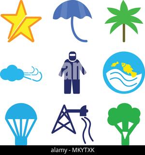 Set Of 9 simple editable icons such as Broccoli, Extracting Oil, Hot air Balloon, Pond, Protective Suit, Cold Wind, Two Palm Trees, Inc, Star, can be  Stock Vector