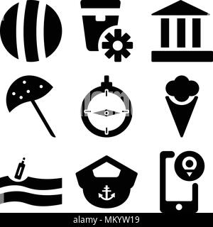 Set Of 9 simple editable icons such as Location, Boat Captain Hat, Message In a Bottle On the Water, Two Ice Creams, Old Compass, Sun Umbrella Open, P Stock Vector