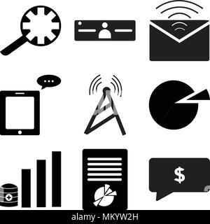 Set Of 9 simple editable icons such as Money, Chart on document, Data analytic, Pie chart, Tele, Message phone, Mail, Server administrator, Search set Stock Vector