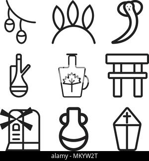 Set Of 9 simple editable icons such as Pope, Vase, Windmill, Torii gate, Syrup, Tea, Snake, Native american, Olives, can be used for mobile, web Stock Vector