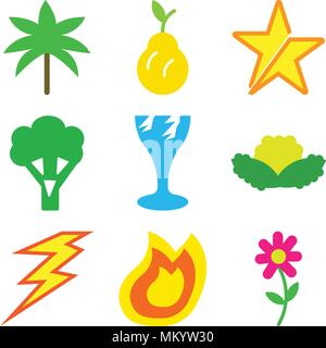 Set Of 9 simple editable icons such as Two Flowers In a Pot, Big Fire Flame, Lightning, Cabbage, Broken Glass, Broccoli, Star, Pear, Palm Trees, can b Stock Vector