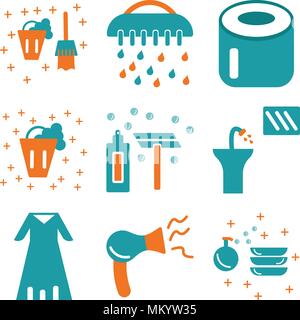 Set Of 9 simple editable icons such as Liquid, Hairdryer, Bathrobe, Sink, Shave, Bucket, Toilet paper, Brush, can be used for mobile, web Stock Vector