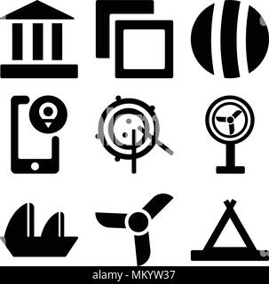 Set Of 9 simple editable icons such as Tent, Big Propeller, Sailboat Sailing, Old Ventilator, Radar Working, Location, Beach ball, Polaroids, Partheno Stock Vector