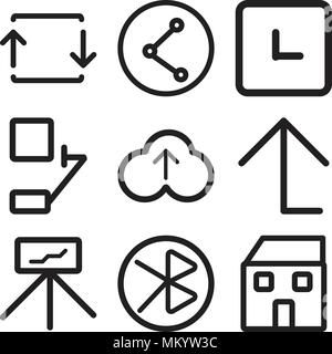 Set Of 9 simple editable icons such as Home, tooth, Presentation, Up arrow, Upload, Bell, Clock, Share, Export, can be used for mobile, web Stock Vector