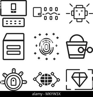 Set Of 9 simple editable icons such as Value, Global, Teleportation, Steampunk, Fingerprint scan, Warehouse, Artificial intelligence, Robots, Responsi Stock Vector