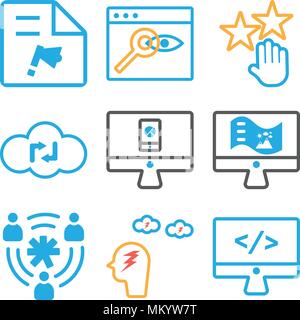 Set Of 9 simple editable icons such as Monitor, Brainstorming, Users, Web de, Analytics, Cloud computing, Rating, Browser, File, can be used for mobil Stock Vector