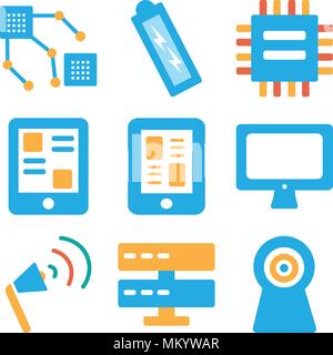 Set Of 9 simple editable icons such as Webcam, Server, Sound card, Computer, Smartphone, Chip, Battery, can be used for mobile, web Stock Vector