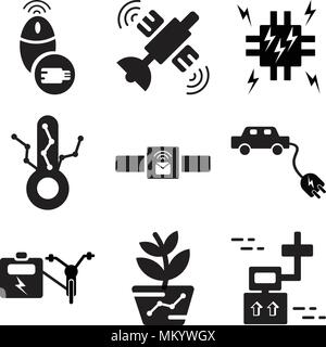 Set Of 9 simple editable icons such as Drone, Gardening, Bike, Electric car, Smartwatch, Thermometer, Cpu, Satellite, Mouse, can be used for mobile, w Stock Vector