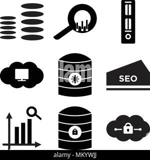Set Of 9 simple editable icons such as Cloude, Server key, Search statistic, seo, data setting, Cloude on computer, Folders, Diagram, can be used for  Stock Vector