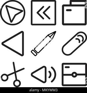 Set Of 9 simple editable icons such as Photo camera, Volume, Cut, Clip, Edit, Rewind, Folder, Left arrow, Cursor, can be used for mobile, web Stock Vector