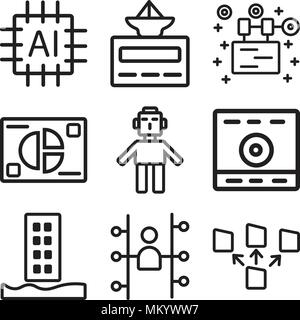 Set Of 9 simple editable icons such as File transfer, Users, Flood, Computer, Droid, Analytics, Robot, Laboratory, Cpu, can be used for mobile, web Stock Vector