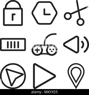 Set Of 9 simple editable icons such as Placeholder, Forward, Cursor, Volume, Gamepad, Battery, Cut, Clock, Unlock, can be used for mobile, web Stock Vector