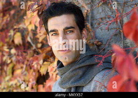 Handsome man with blue eyes wearing winter clothes in autumn leaves background. Young male with swater and scarf. Stock Photo