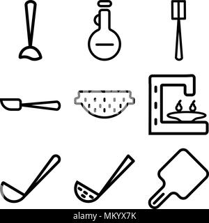 Set Of 9 simple editable icons such as Kitchen board, Skimmer, Ladle, Coffee maker, Strainer, Paddle, Brush, Olive oil, Mixer, can be used for mobile, Stock Vector