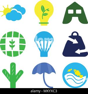 Set Of 9 simple editable icons such as Pond, Inc, Big Cactus, Ecologic Shopping Bag, Hot air Balloon, Globe and Plant, Tent, Ecological Light Bulb, Ov Stock Vector