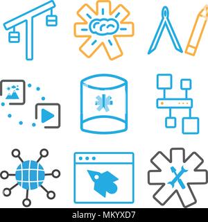 Set Of 9 simple editable icons such as Settings, Browser, Internet, Hierarchical structure, Server, Multimedia option, Compass, Brain, Balance, can be Stock Vector