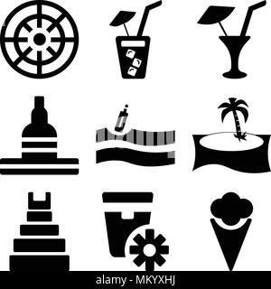 Set Of 9 simple editable icons such as Two Ice Creams, Sun ointment, Teotihuacan, Palm tree, Message In a Bottle On the Water, Great buddha of thailan Stock Vector