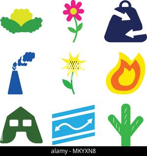 Set Of 9 simple editable icons such as Big Cactus, Road Map Folded, Tent, Fire Flame, Sunflower with Leaf, Industrial Plant, Ecologic Shopping Bag, Tw Stock Vector