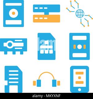 Set Of 9 simple editable icons such as Smartphone, Headphones, Memory card, Computer, Sim Projector, Internet, Server, Music player, can be used for m Stock Vector