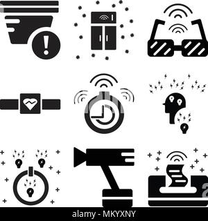 Set Of 9 simple editable icons such as Printer, Cctv, Power, User, Timer, Fitness, Smart glasses, fridge, Smoke detector, can be used for mobile, web Stock Vector