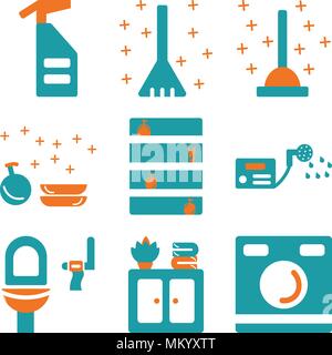 Set Of 9 simple editable icons such as Washing machine, Closet, Toilet, Water heater, Dishwasher, Plunger, Sweep, Spray, can be used for mobile, web Stock Vector