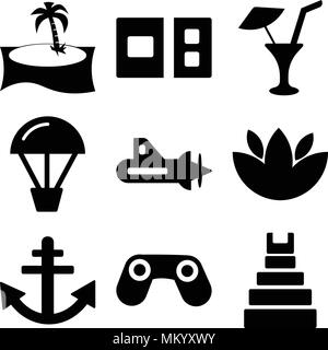 Set Of 9 simple editable icons such as Teotihuacan, Big Binocoulars, Anchor, Flower, Submarine with Propeller, Hot air balloon, Limonade Drop, Postcar Stock Vector