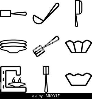 Set Of 9 simple editable icons such as Mould, Brush, Coffee maker, Cupcake, Spatula, Dishes, Cleaver, Ladle, Scoop, can be used for mobile, web Stock Vector