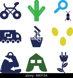 Set Of 9 simple editable icons such as Ecological Electricity, Big Tent, Ecologic Shopping Bag, Two Eggs, Light Bulb, Recycling Truck, Loupe and Bug,  Stock Vector
