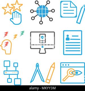 Set Of 9 simple editable icons such as Browser, Compass, Hierarchical structure, Curriculum, Analytics, Thinking, Clipboard, Internet, Rating, can be  Stock Vector