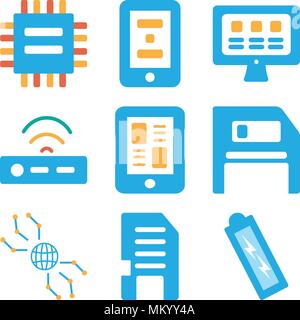 Set Of 9 simple editable icons such as Battery, Memory card, Internet, Diskette, Smartphone, Modem, Monitor, Chip, can be used for mobile, web Stock Vector