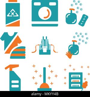 Set Of 9 simple editable icons such as Wardrobe, Plunger, Spray, Soap, Uniform, Fashion, Washing machine, Clean, can be used for mobile, web Stock Vector