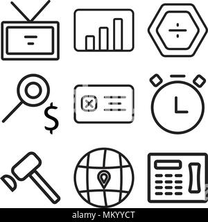 Set Of 9 simple editable icons such as Fax, Worldwide, Hammer, Stopwatch, List, Search, Percentage, Bar graph, Id card, can be used for mobile, web Stock Vector