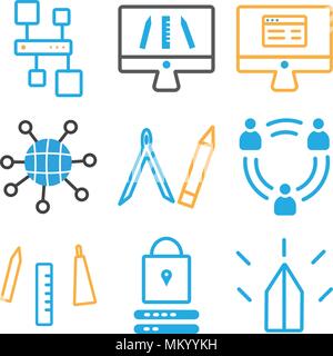 Set Of 9 simple editable icons such as Password, Creativity, Teamwork, Compass, Internet, Monitor, Hierarchical structure, can be used for mobile, web Stock Vector