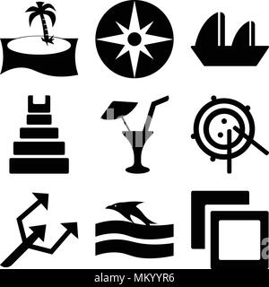 Set Of 9 simple editable icons such as Polaroids, Sunset and Dolphin, Small Trident, Radar Working, Limonade with Drop, Teotihuacan, Sailboat Sailing, Stock Vector