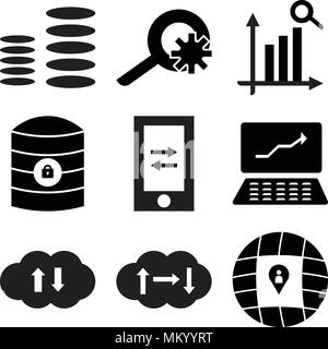 Set Of 9 simple editable icons such as Location, Cloude, Download cloud, Analytic laptop, Mobile phone, Server key, Search statistic, Settings, Diagra Stock Vector