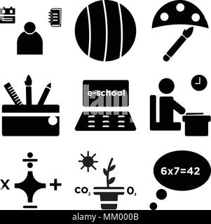 Set Of 9 simple editable icons such as Speech bubble, Photosynthesis, Maths, Exam, Computer, Backpack, Watercolor, Soccer, Student, can be used for mo Stock Vector