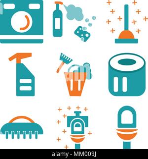 Set Of 9 simple editable icons such as Toilet, Brush, Toilet paper, Bucket, Spray, Plunger, Washing machine, can be used for mobile, web Stock Vector
