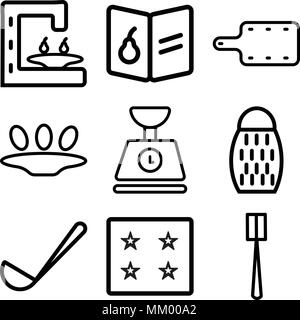 Set Of 9 simple editable icons such as Brush, Ice cube tray, Ladle, Grater, Scale, Eggs, Kitchen board, Recipe, Coffee maker, can be used for mobile,  Stock Vector