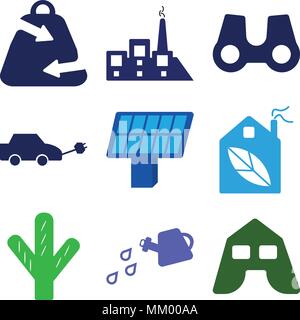 Set Of 9 simple editable icons such as Big Tent, Watering Can, Cactus, Ecologic House, Two Solar Panels, Electric Car, Binoculars, Factory Plant, Shop Stock Vector