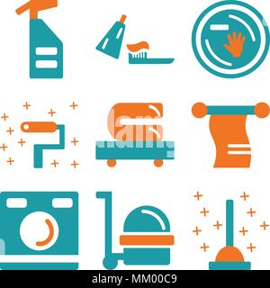 Set Of 9 simple editable icons such as Plunger, Cleaner, Washing machine, Towel, Towels, Roller, Dish, Toothbrush, Spray, can be used for mobile, web Stock Vector