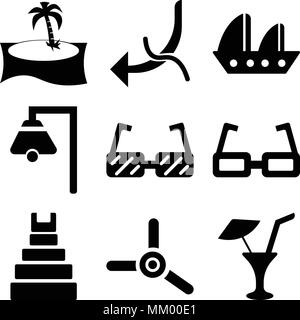 Set Of 9 simple editable icons such as Limonade with Drop, Propeller, Teotihuacan, Sunglasses, Big Boat Bell, Small Sailboat, Hook Worm, Palm tree, ca Stock Vector