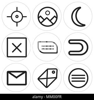 Set Of 9 simple editable icons such as Menu, Tag, Envelope, Magnet, File, Cancel, Moon, Gallery, Target, can be used for mobile, web Stock Vector