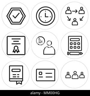 Set Of 9 simple editable icons such as Team, Business card, Notebook, Calculator, Presentation, Certificate, Network, Clock, Checked, can be used for  Stock Vector