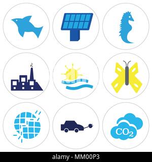 Set Of 9 simple editable icons such as CO2 Cloud, Electric Car, Broken Earth, Big Butterfly, Sea and Sun, Factory Plant, Horse, Two Solar Panels, Dolp Stock Vector