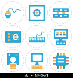 Set Of 9 simple editable icons such as Cpu, Computer, Polaroid, Laptop, Keyboard, Power, Server, Cooler, Mouse, can be used for mobile, web Stock Vector