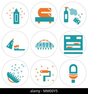 Set Of 9 simple editable icons such as Toilet, Roller, Brush, Dishwasher, Toothbrush, Spray, Towels, Cream, can be used for mobile, web Stock Vector