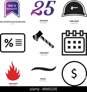Set Of 9 simple editable icons such as USD, dollar, Black swish, fire dept, Calendar, Percent, 25years, 100 satisfaction guarantee, can be used for mo Stock Vector